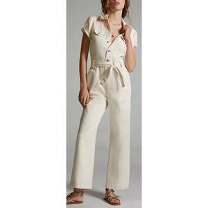 PAIGE Jumpsuit White Denim Anessa Puff sleeve Short Sleeve Belted 12